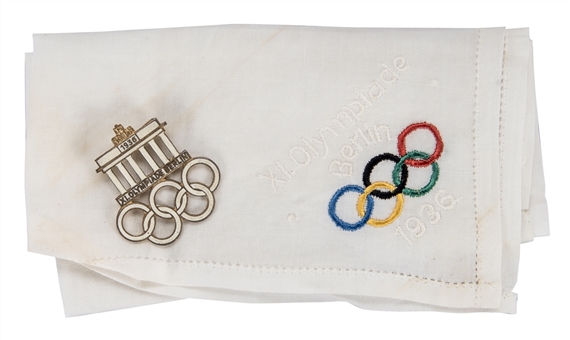1936 XI Olympics Memorabilia Pair (2 Different) Including Judges Pin and Silk Pocket Square With Berlin Logo
